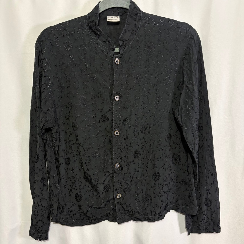 Vintage CP Shades Black Floral Embroidered Rayon Mandarin Collar Button Down Top